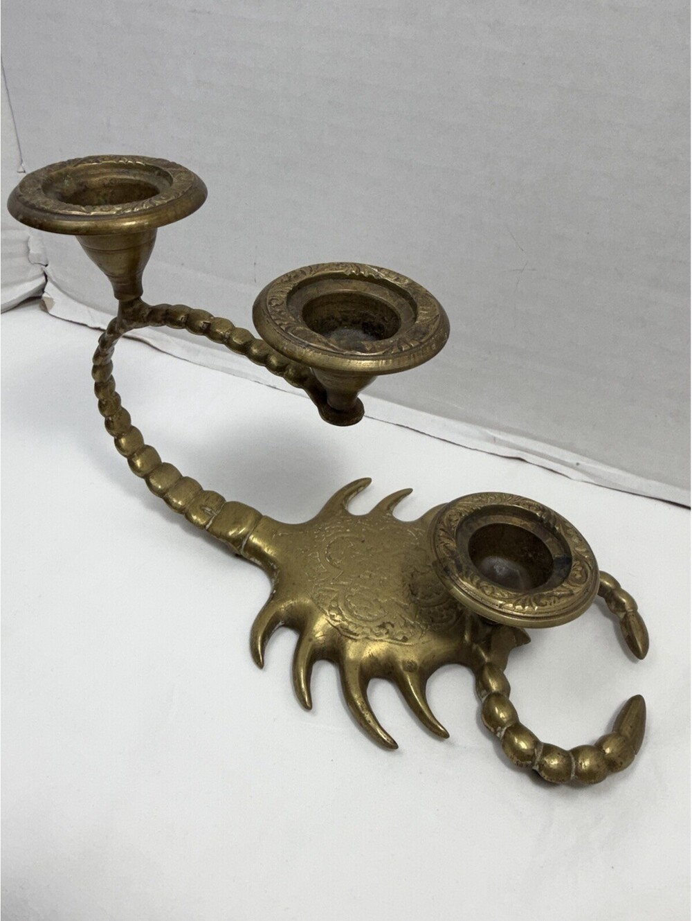 Rare Vintage Solid Brass Scorpion 3 Arm Candelabra Floral Engraved Candle Holder